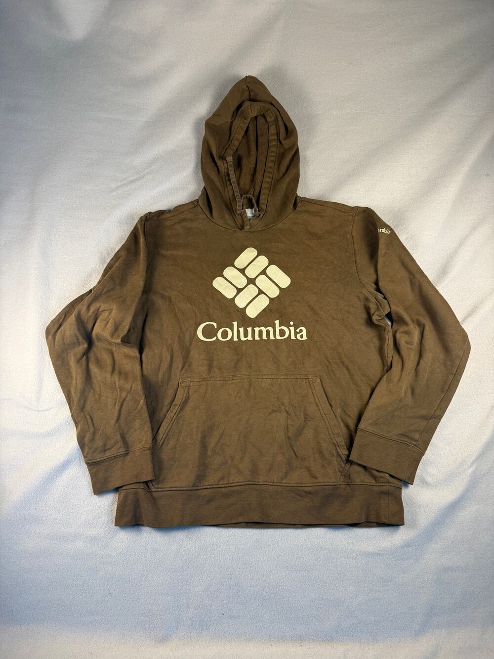 Columbia Spellout Hoodie Men M Brown Big Logo Graphics Fleece Outdoor Streetwear